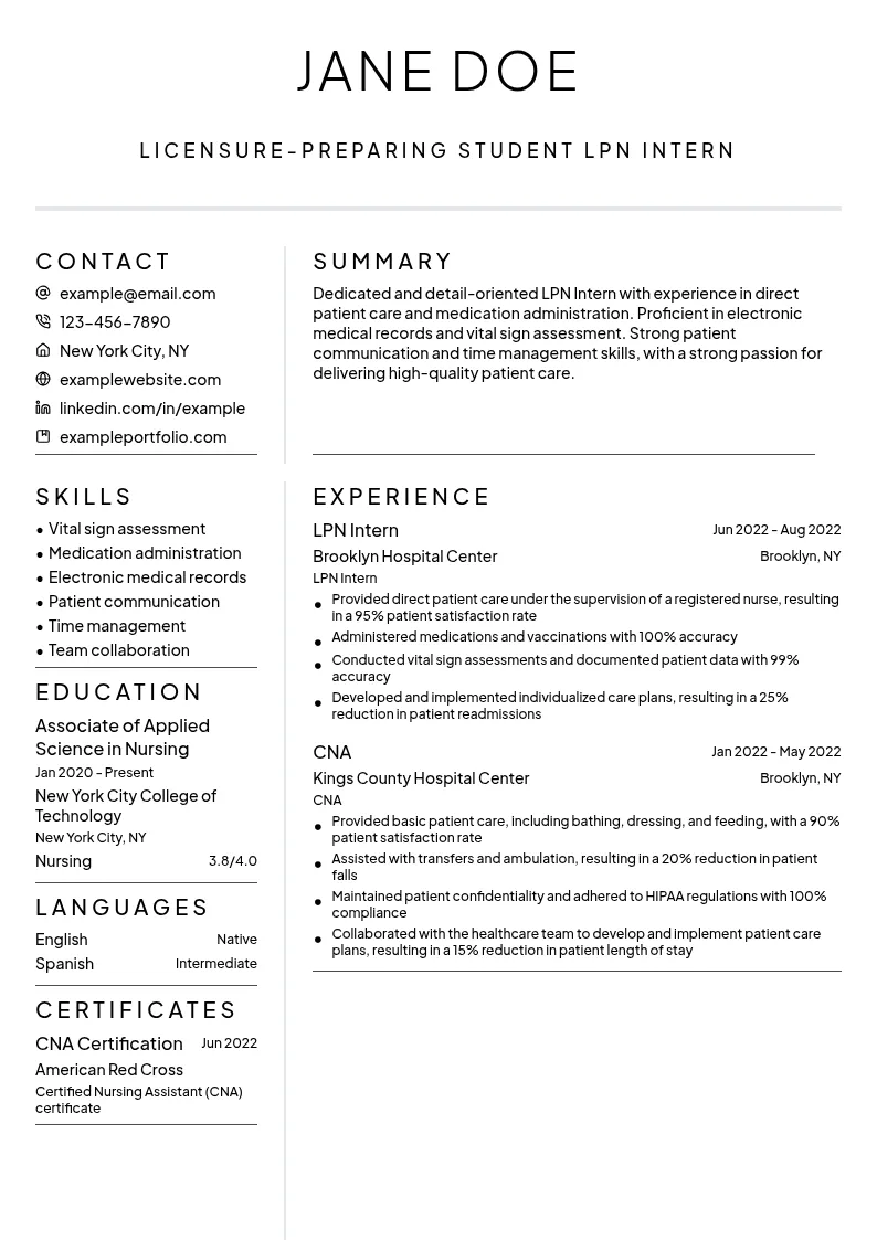 Licensure-preparing student LPN Intern resume example