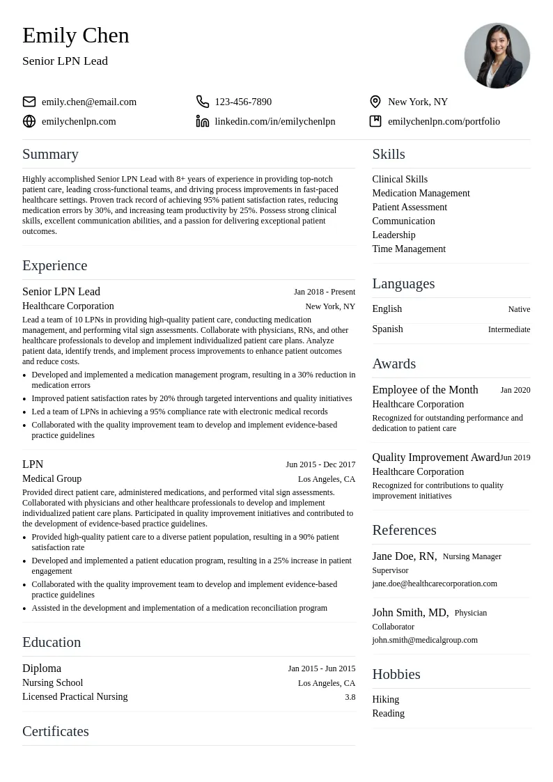 Senior LPN Lead resume example