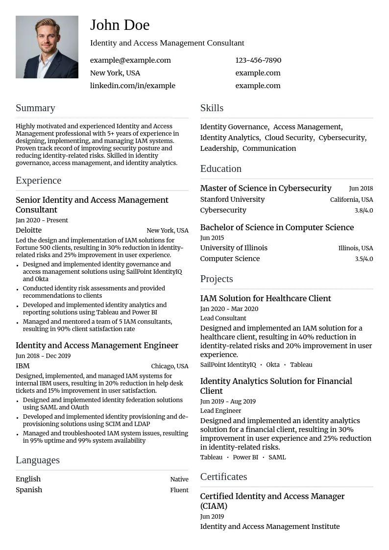 Identity and Access Management resume example