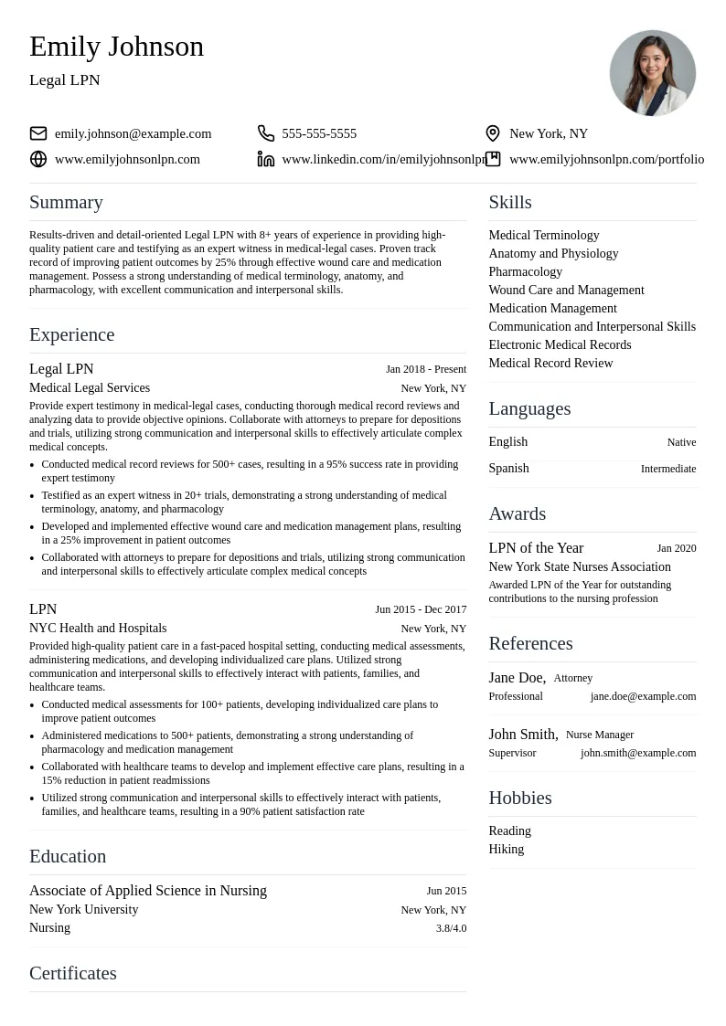 Legal LPN resume example