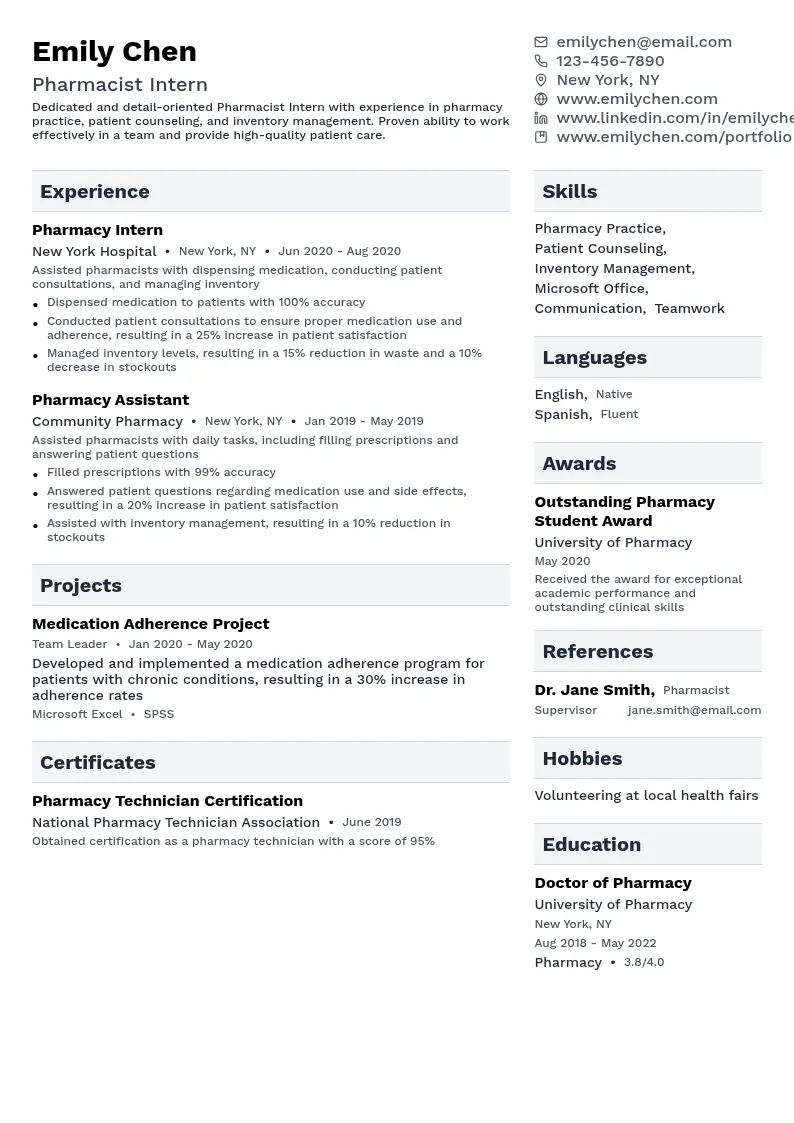 Pharmacist Intern resume example