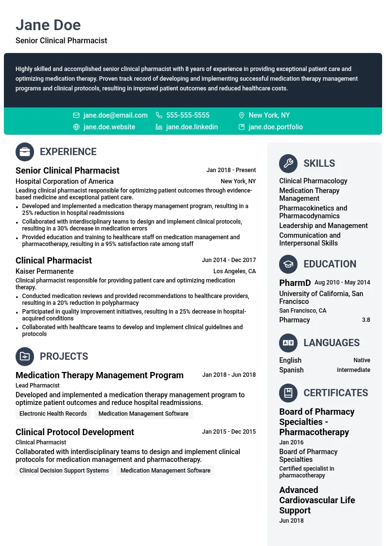 Senior Clinical Pharmacist resume example