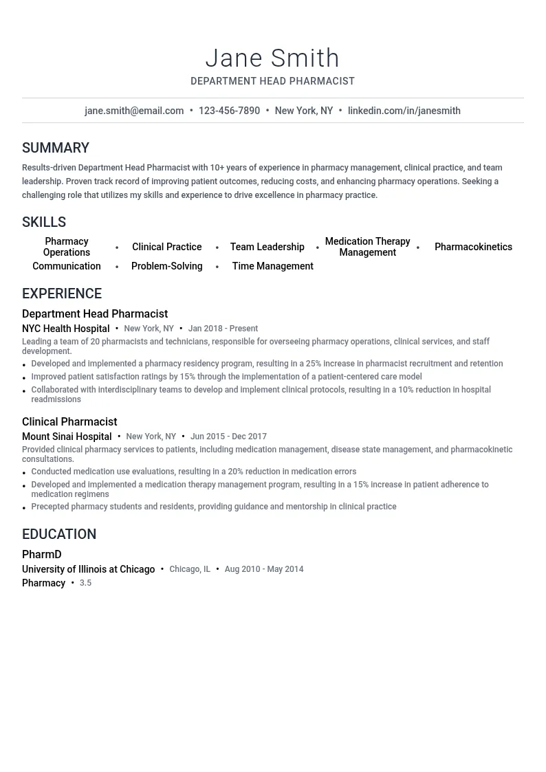Department Head Pharmacist resume example