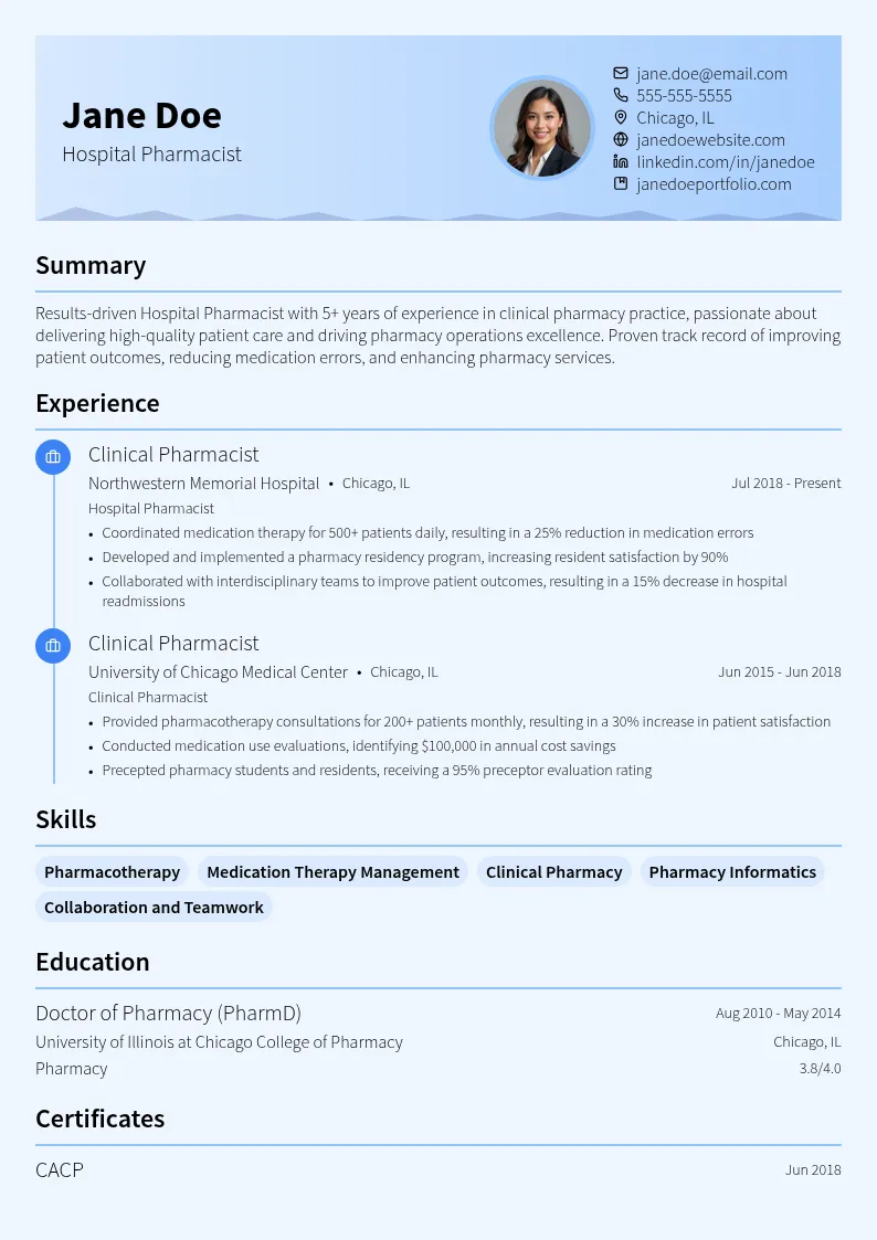 Hospital Pharmacist resume example