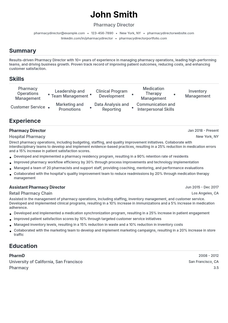 Pharmacy Director resume example