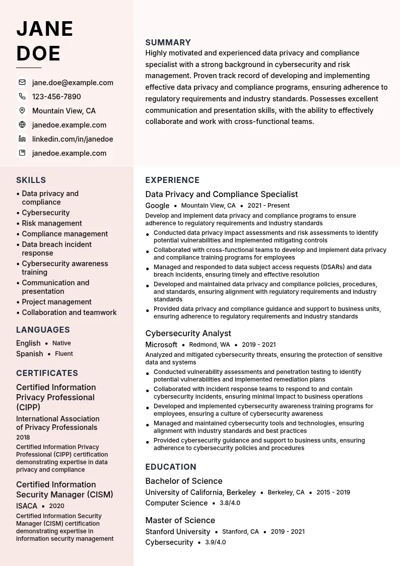 Data Privacy and Compliance resume example