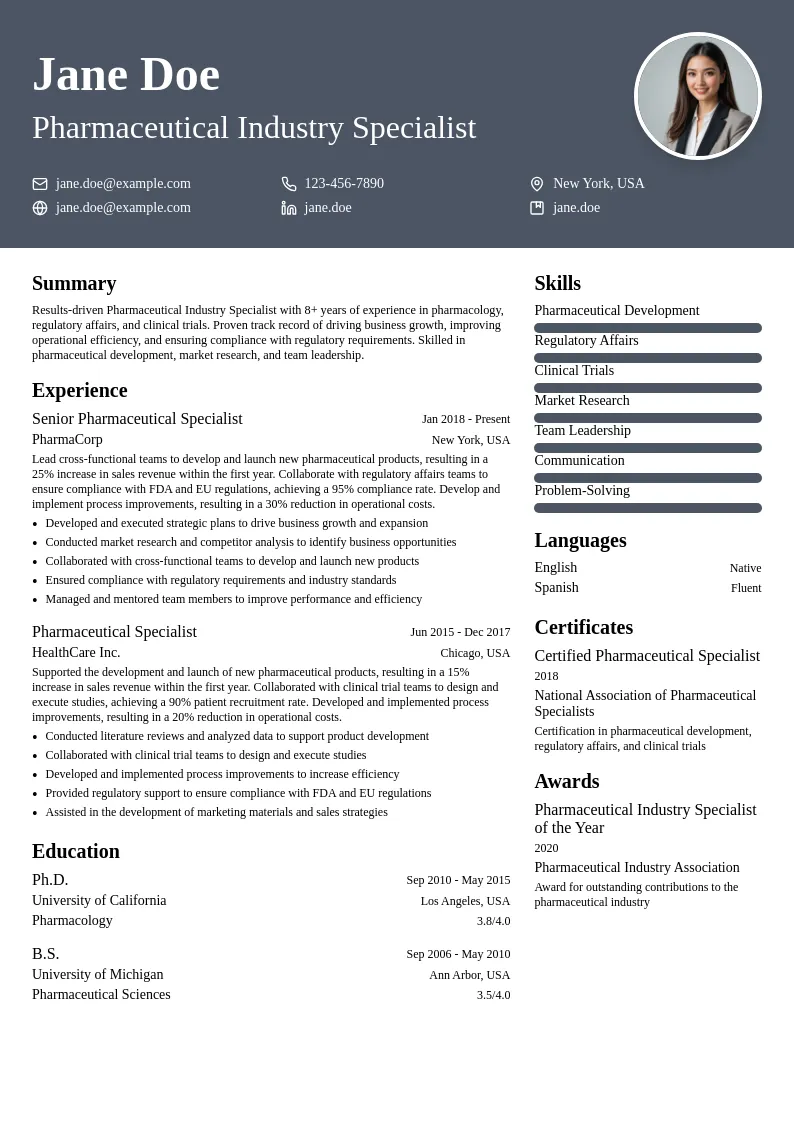 Pharmaceutical Industry Specialist resume example