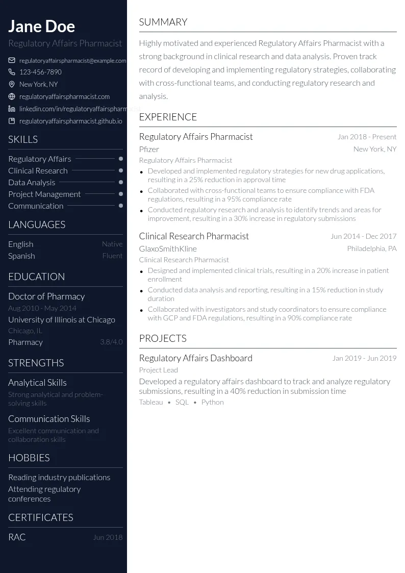 Regulatory Affairs Pharmacist resume example