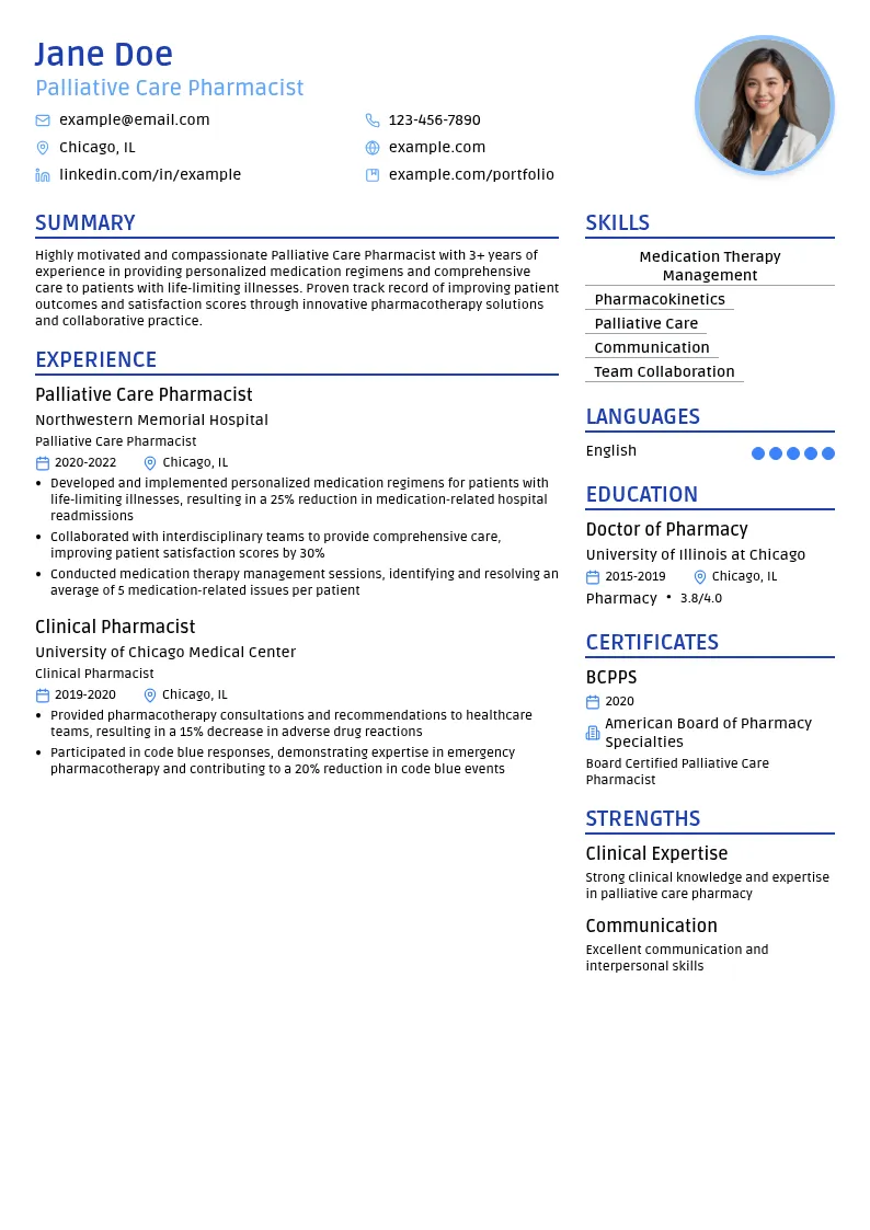 Palliative Care Pharmacist resume example
