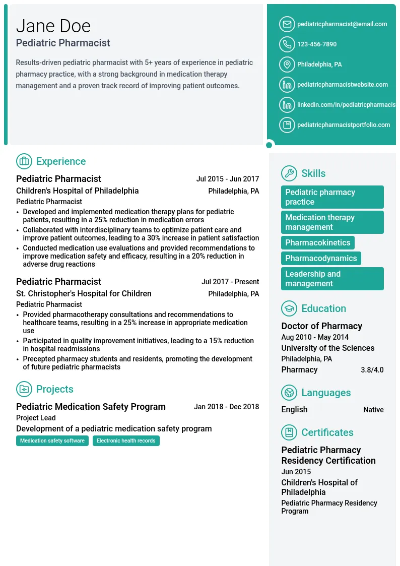 Pediatric Pharmacist resume example