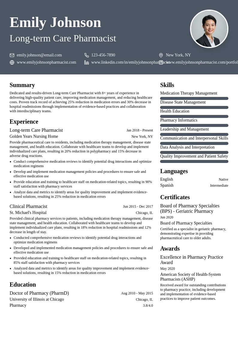 Long-term Care Pharmacist resume example