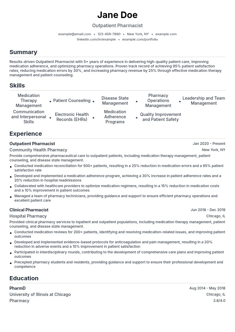 Outpatient Pharmacist resume example