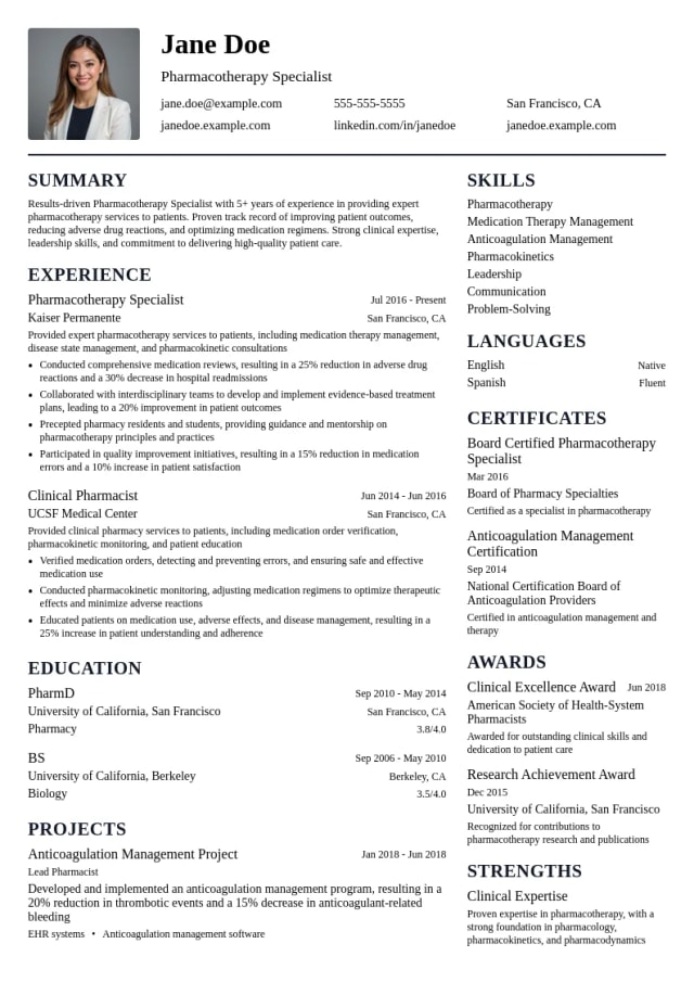 Pharmacotherapy Specialist resume example