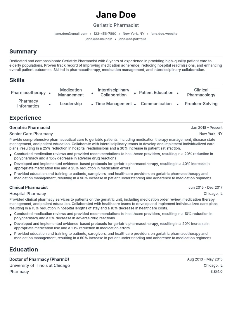 Geriatric Pharmacist resume example