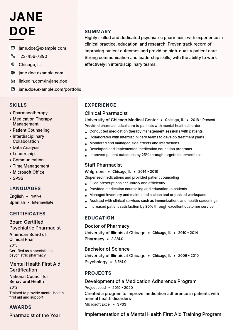 Psychiatric Pharmacist resume example