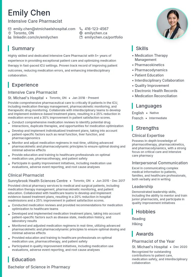 Intensive Care Pharmacist resume example