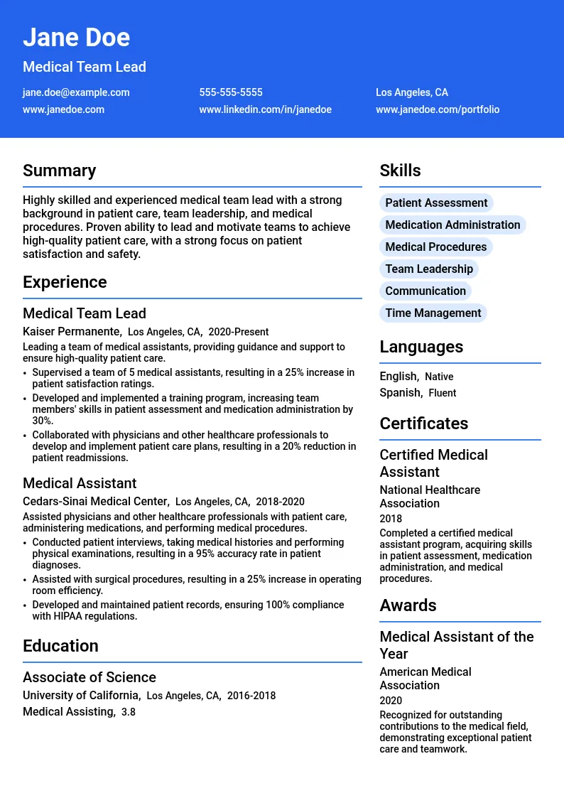 Medical Team Lead resume example