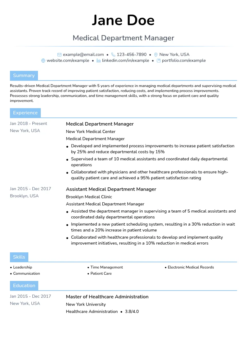Medical Department Manager resume example