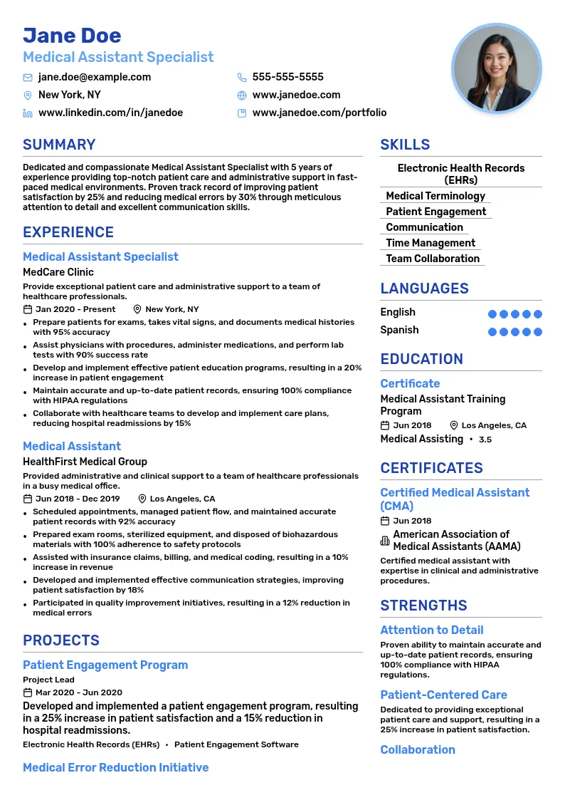 Medical Assistant Specialist resume example