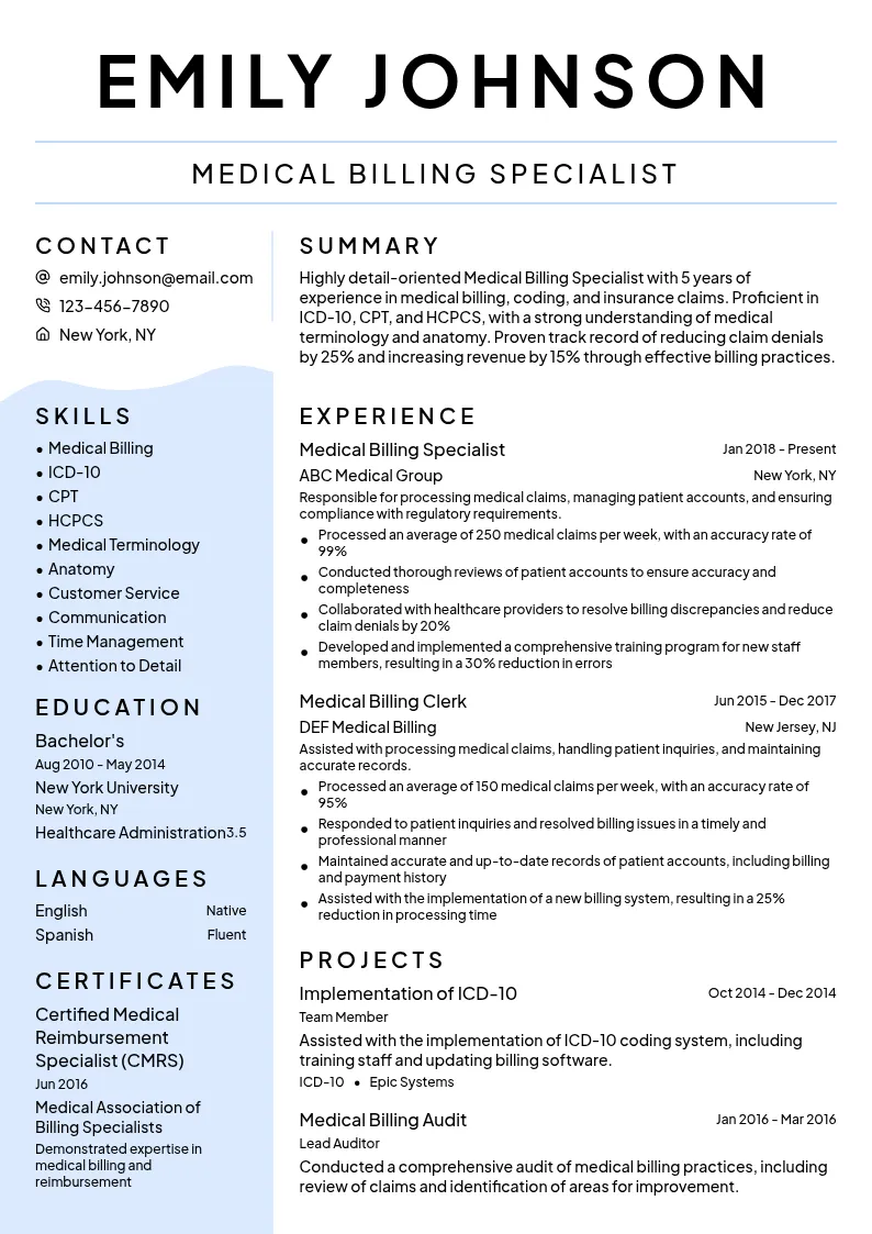 Medical Billing Specialist resume example