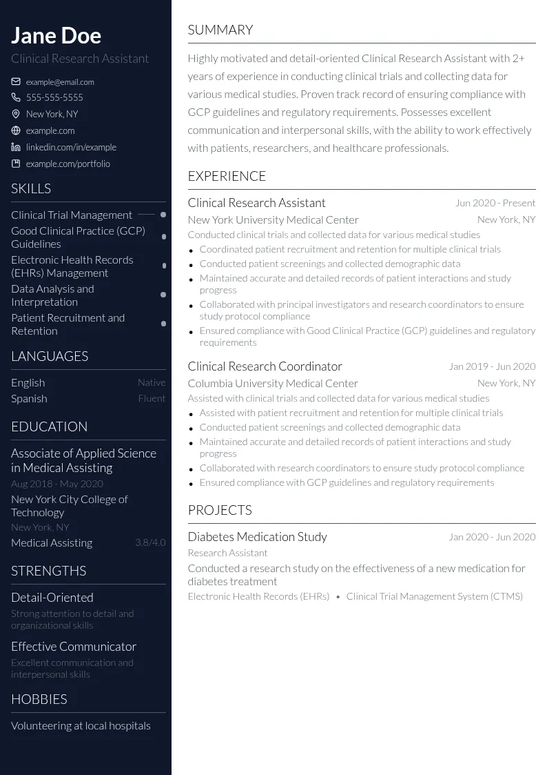 Clinical Research Assistant resume example
