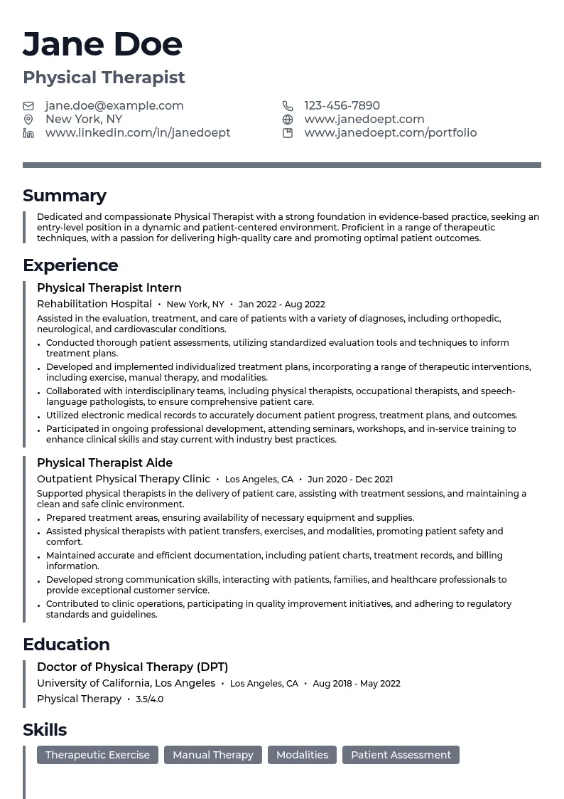 Physical Therapist - Entry Level resume example