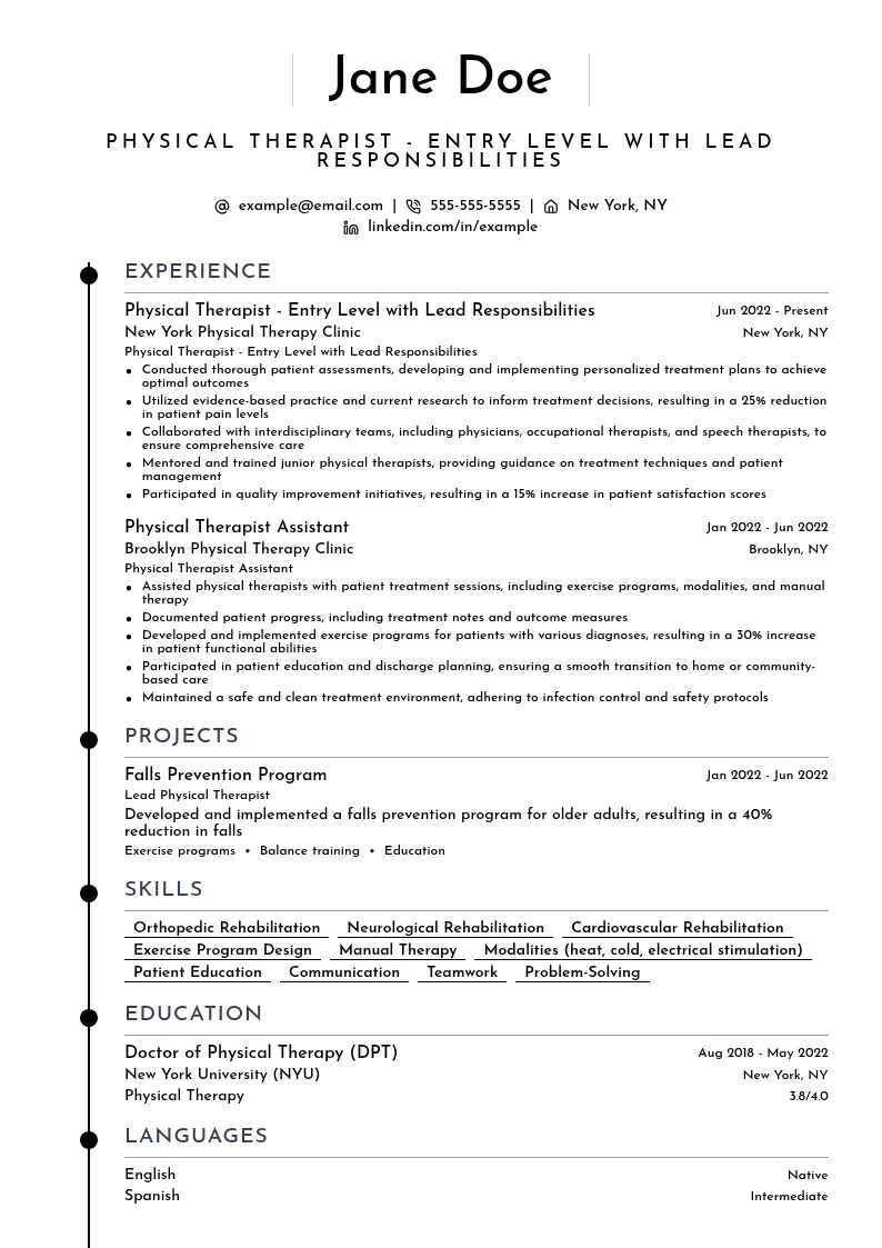 Physical Therapist - Entry Level with Lead Responsibilities resume example