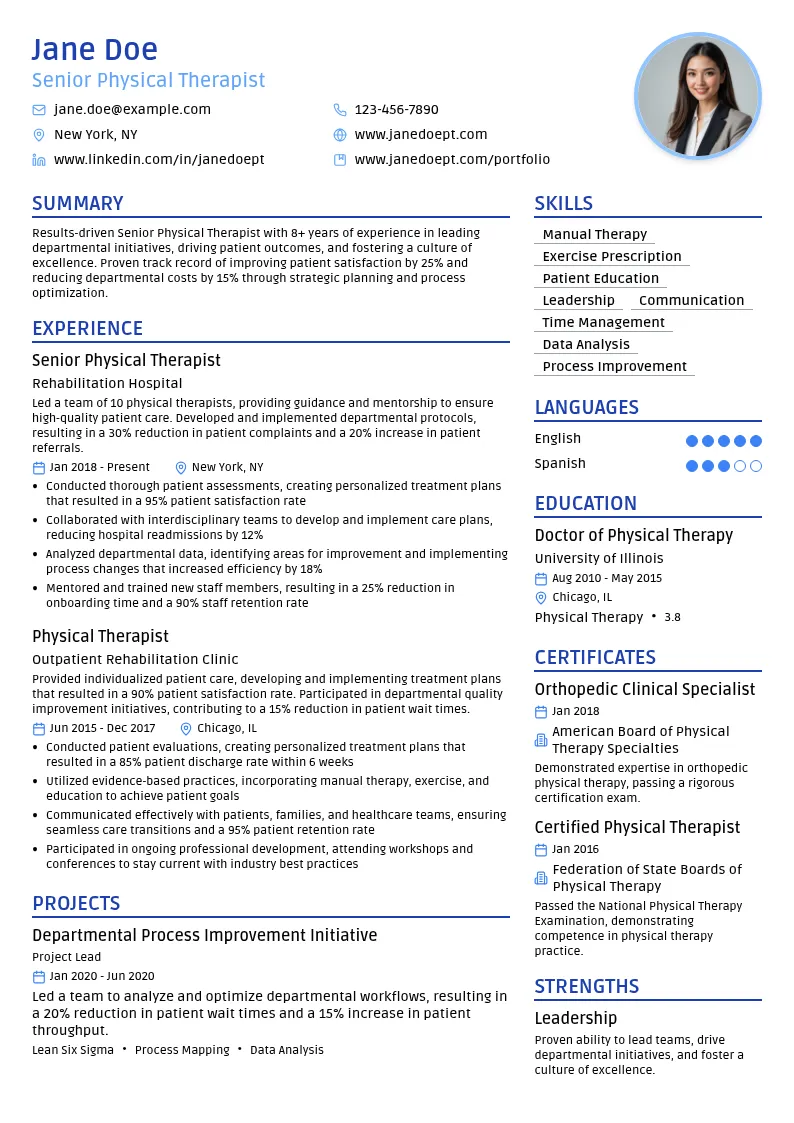 Senior Physical Therapist with Departmental Role resume example