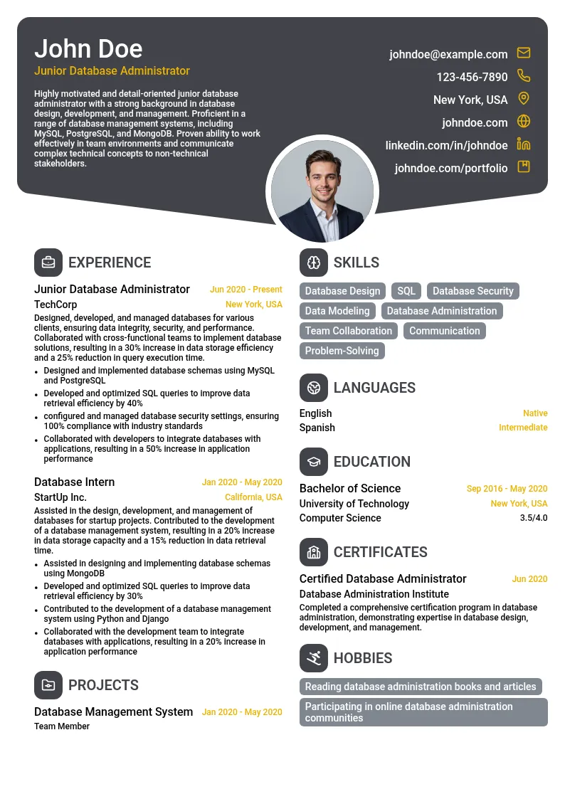 Junior Database Administrator resume example