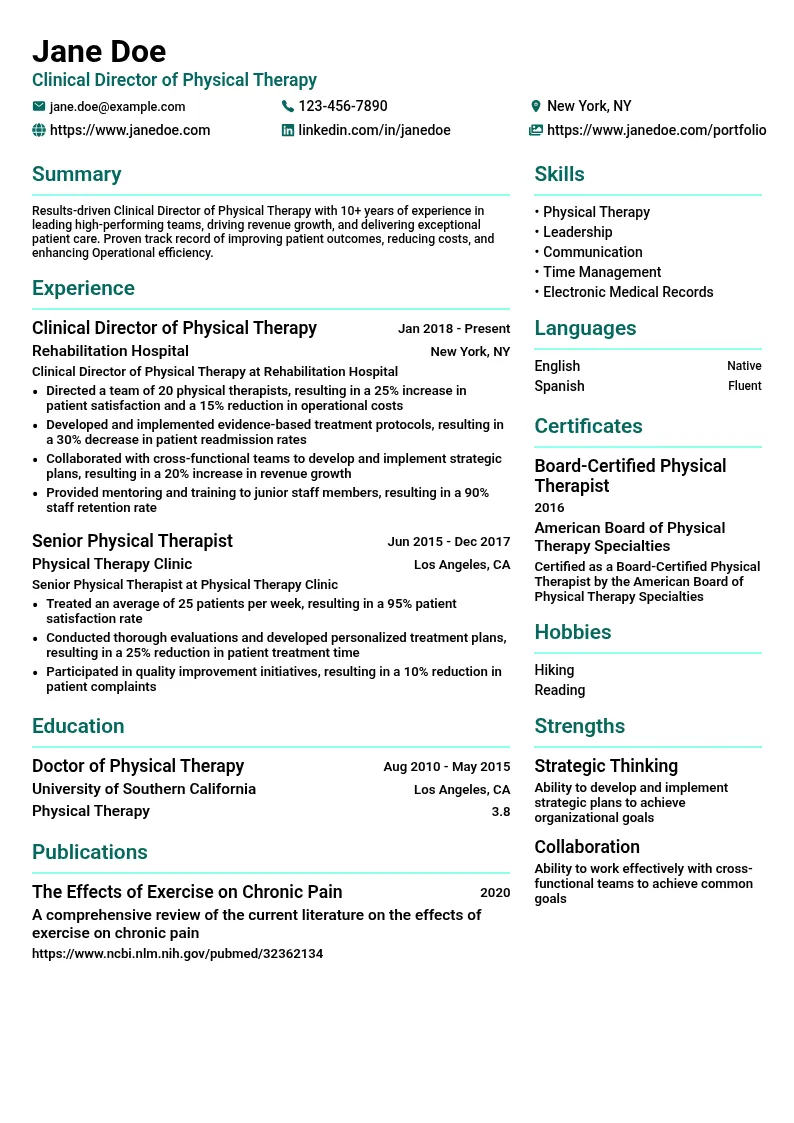 Clinical Director of Physical Therapy resume example