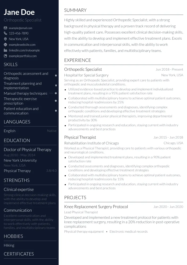 Orthopedic Specialist resume example