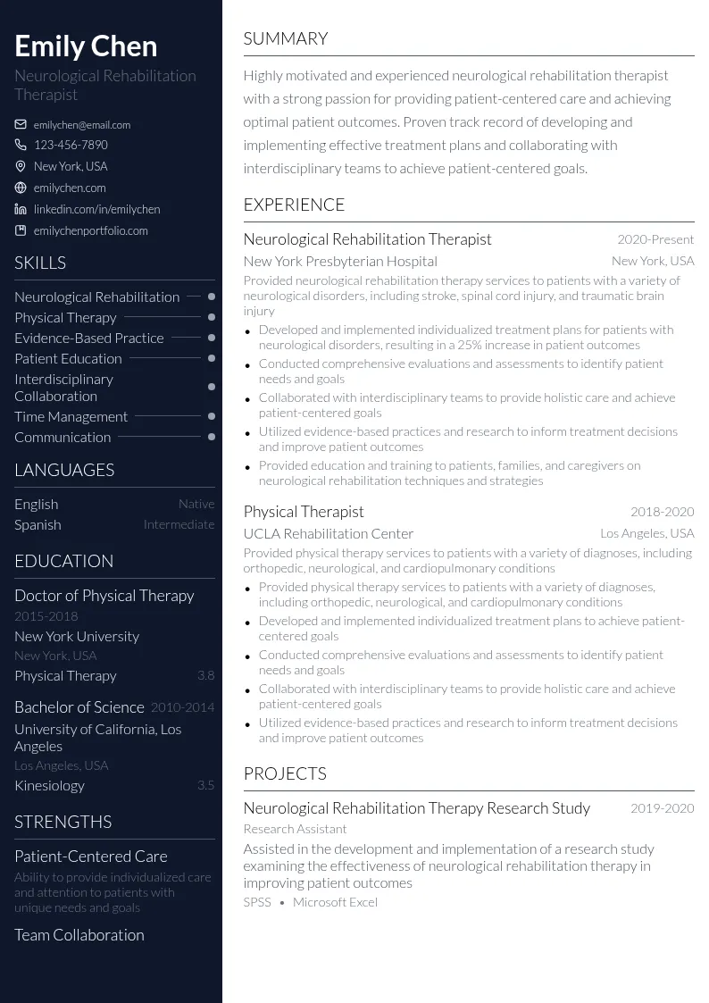 Neurological Rehabilitation Therapist resume example