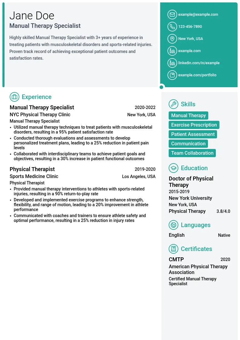 Manual Therapy Specialist resume example