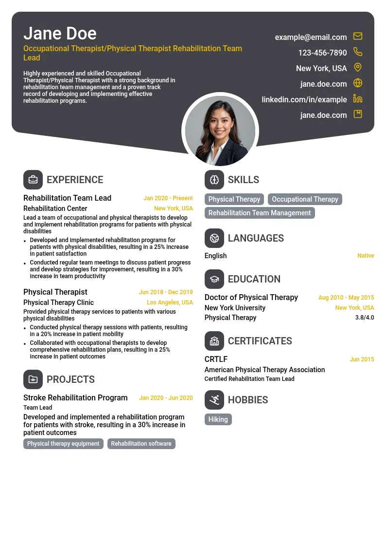 Occupational Therapist/Physical Therapist Rehabilitation Team Lead resume example