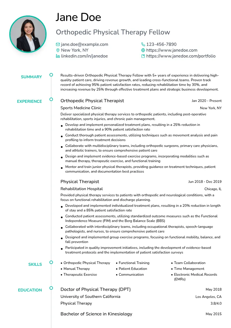 Orthopedic Physical Therapy Fellow resume example