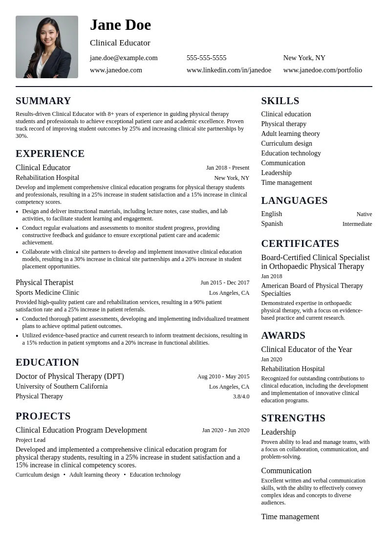 Clinical Educator resume example