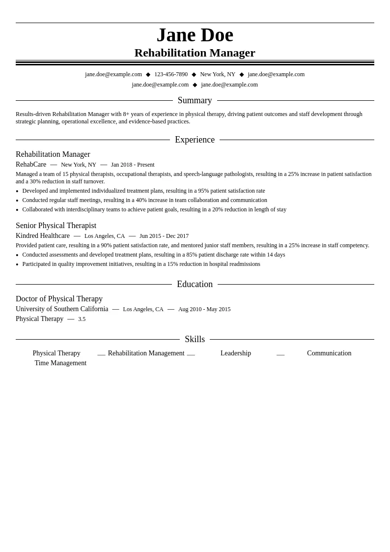 Rehabilitation Manager resume example