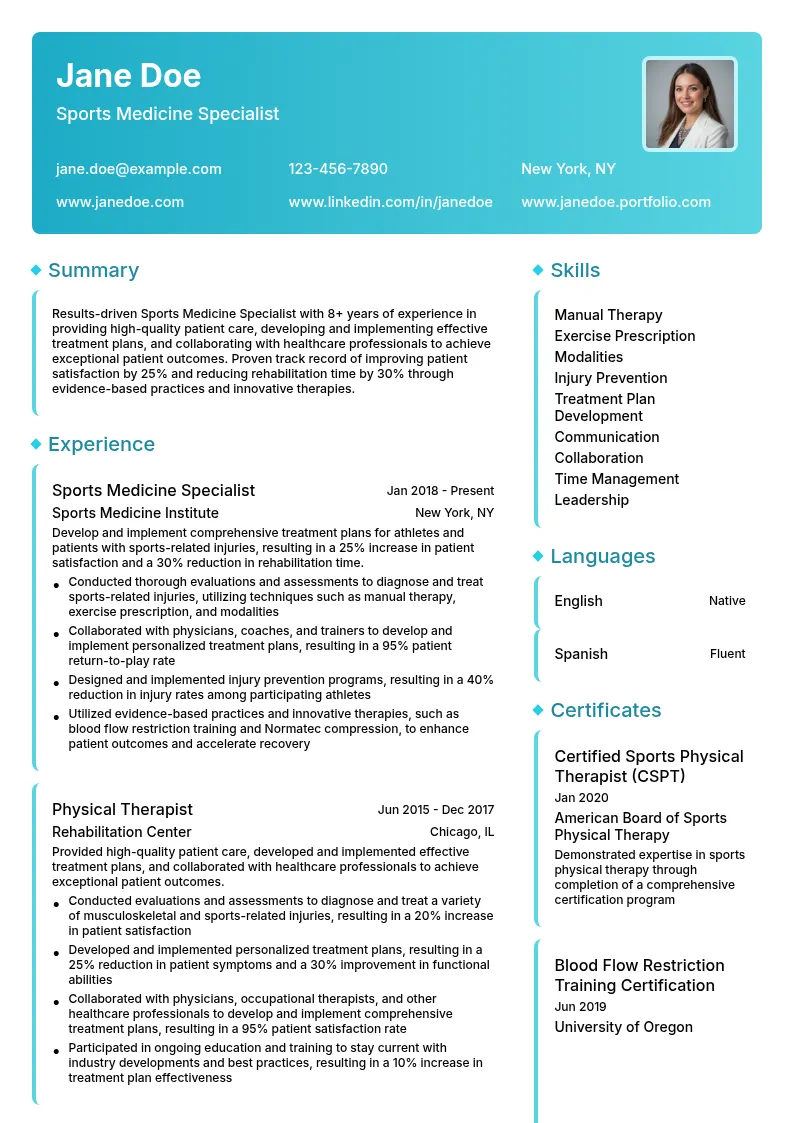 Sports Medicine Specialist resume example