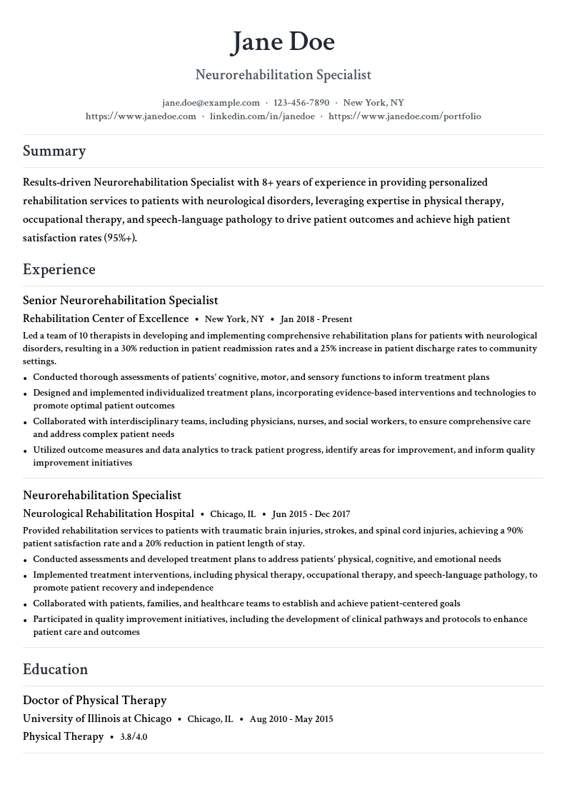 Neurorehabilitation Specialist resume example