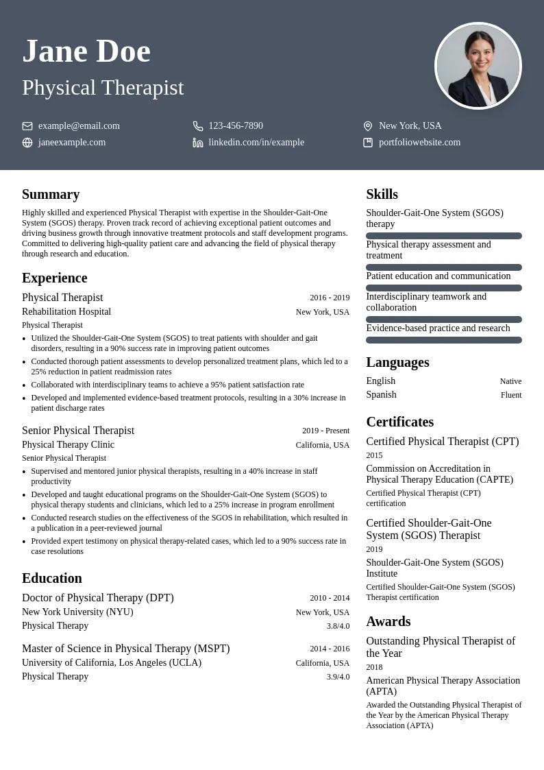 Shoulder-Gait-One System (SGOS) Therapist resume example