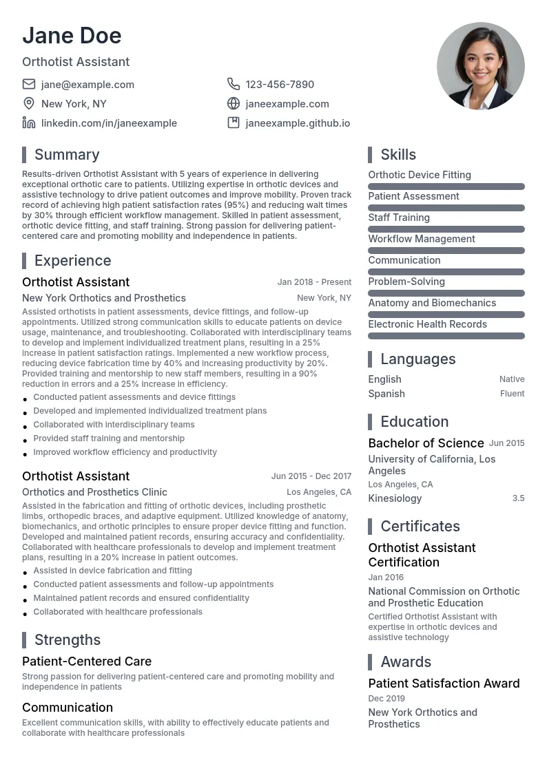 Orthotist Assistant resume example