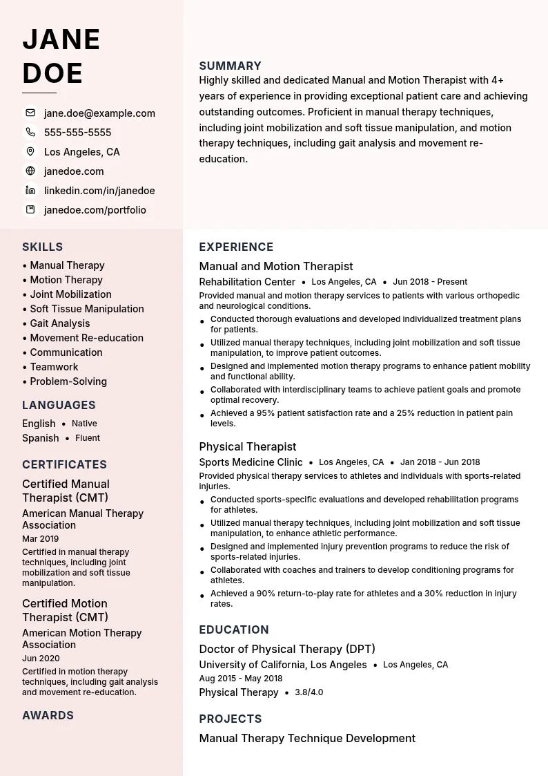 Manual and Motion Therapist resume example