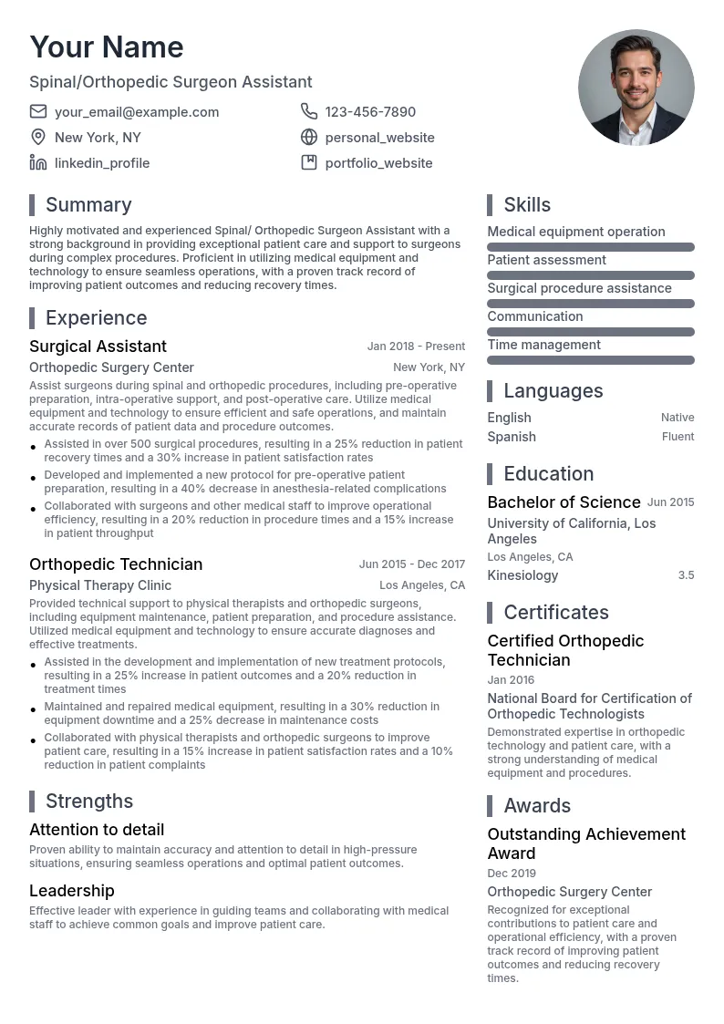 Spinal/ Orthopedic Surgeon Assistant resume example