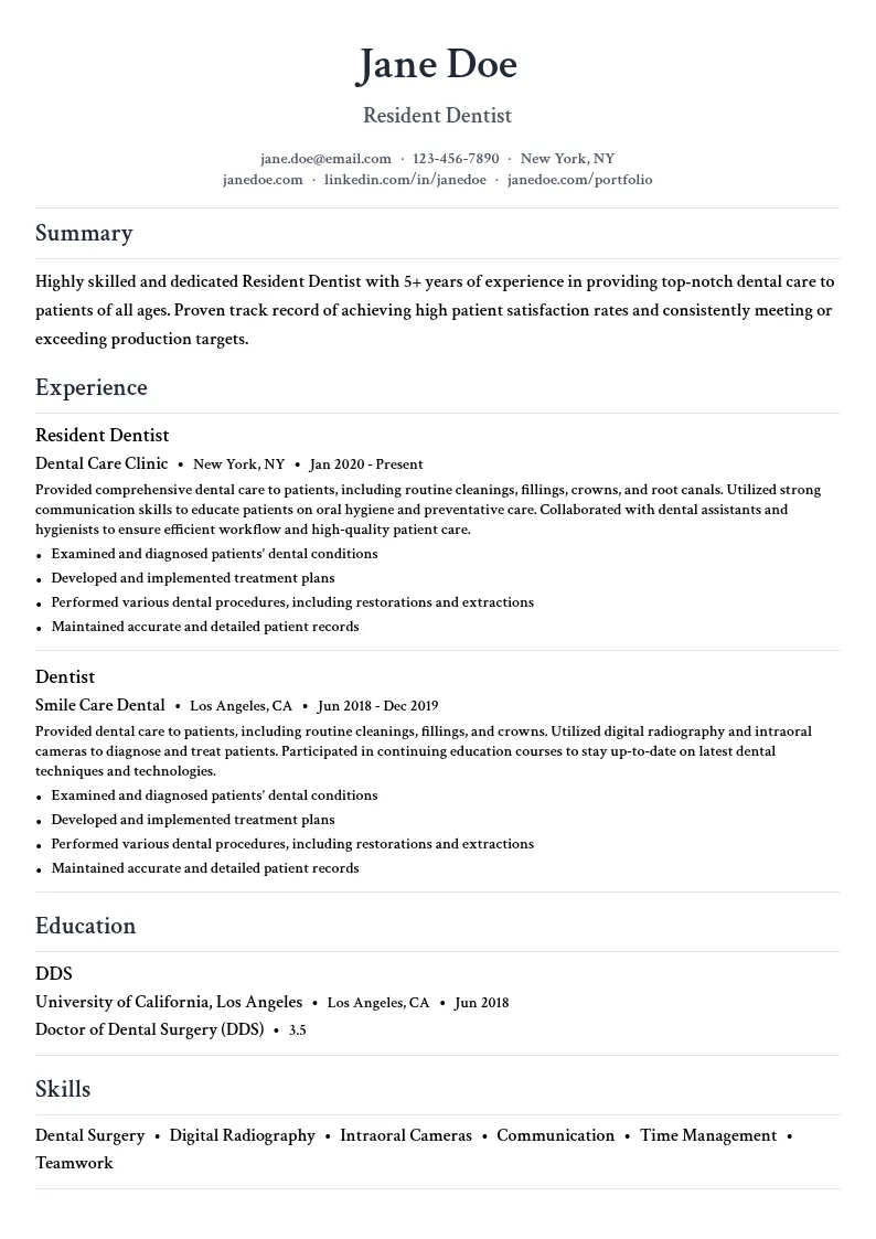 Resident Dentist resume example