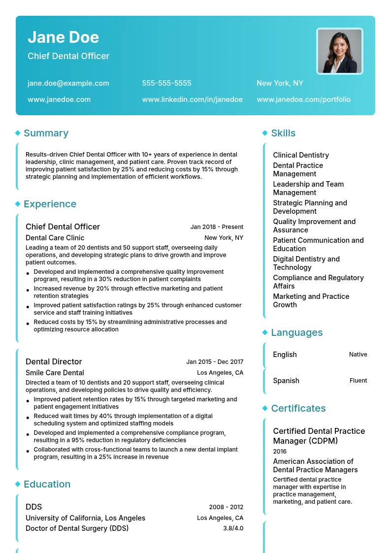 Chief Dental Officer resume example