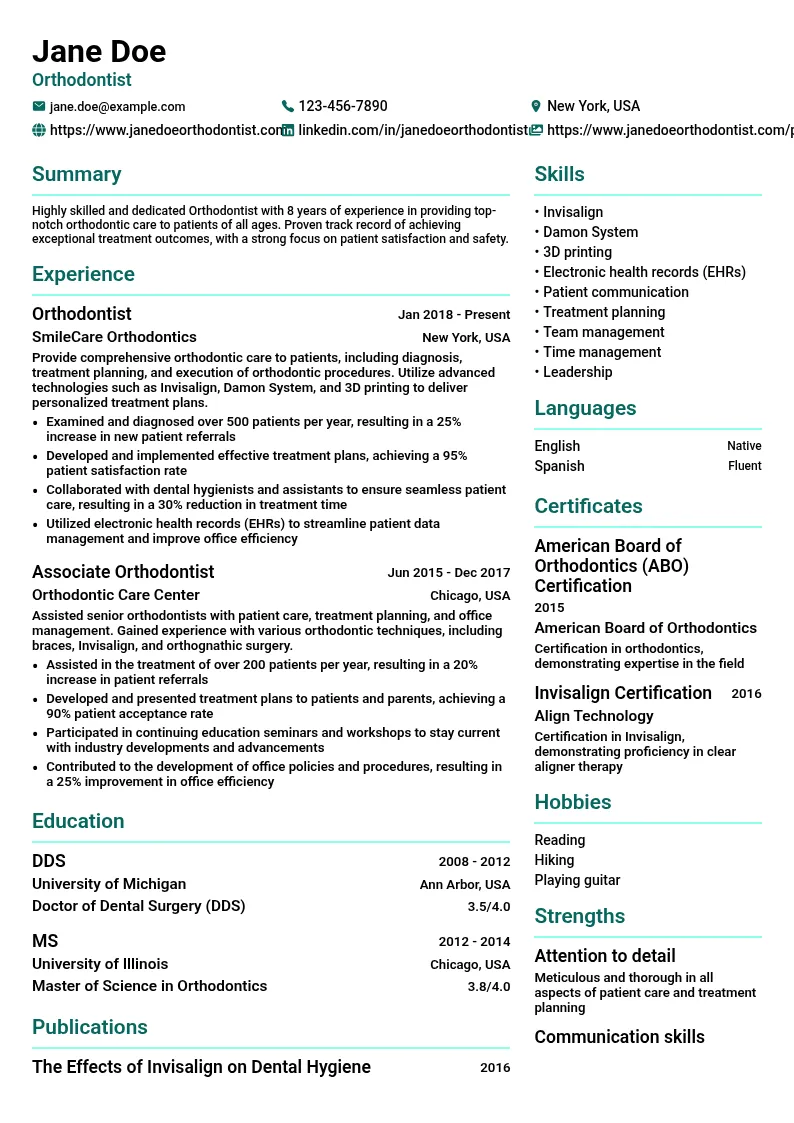 Orthodontics resume example