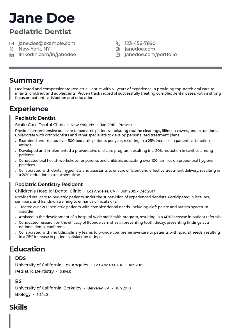 Pediatric Dentistry resume example