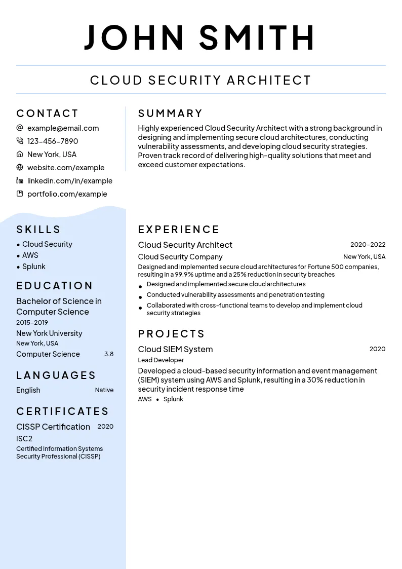 Cloud Security Architect resume example