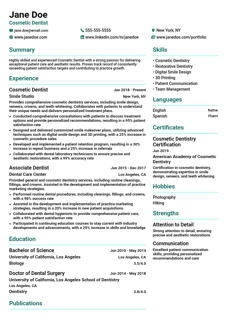 Cosmetic Dentistry resume example