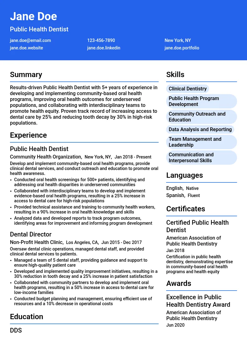 Public Health Dentistry resume example
